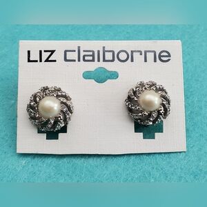 Liz Claiborne Rhinestone And Faux Pearl Clip Earrings
